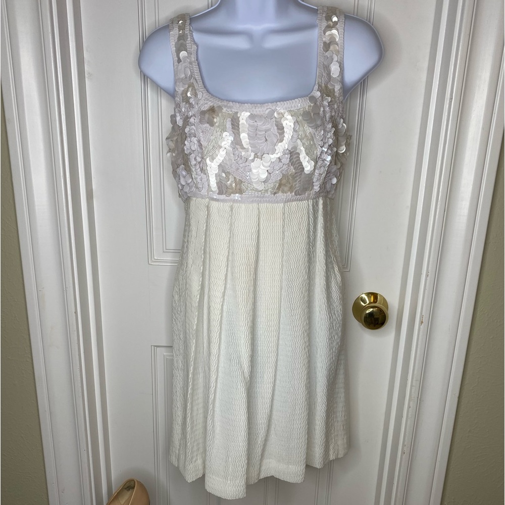 Moschino white and off white sequined cocktail dress.